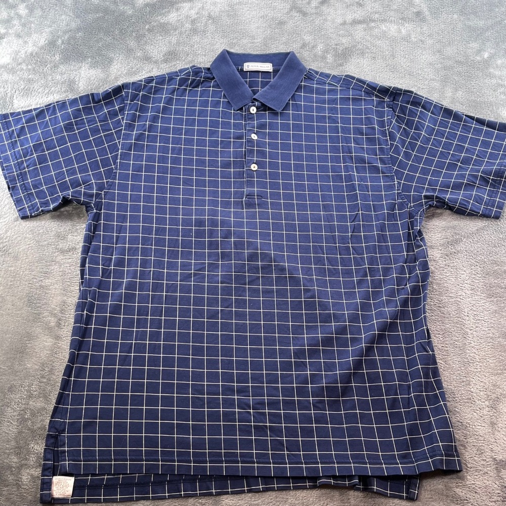 Peter Millar Mens Navy Blue Windowpane Grid Cotton Short Sleeve Polo Shirt M